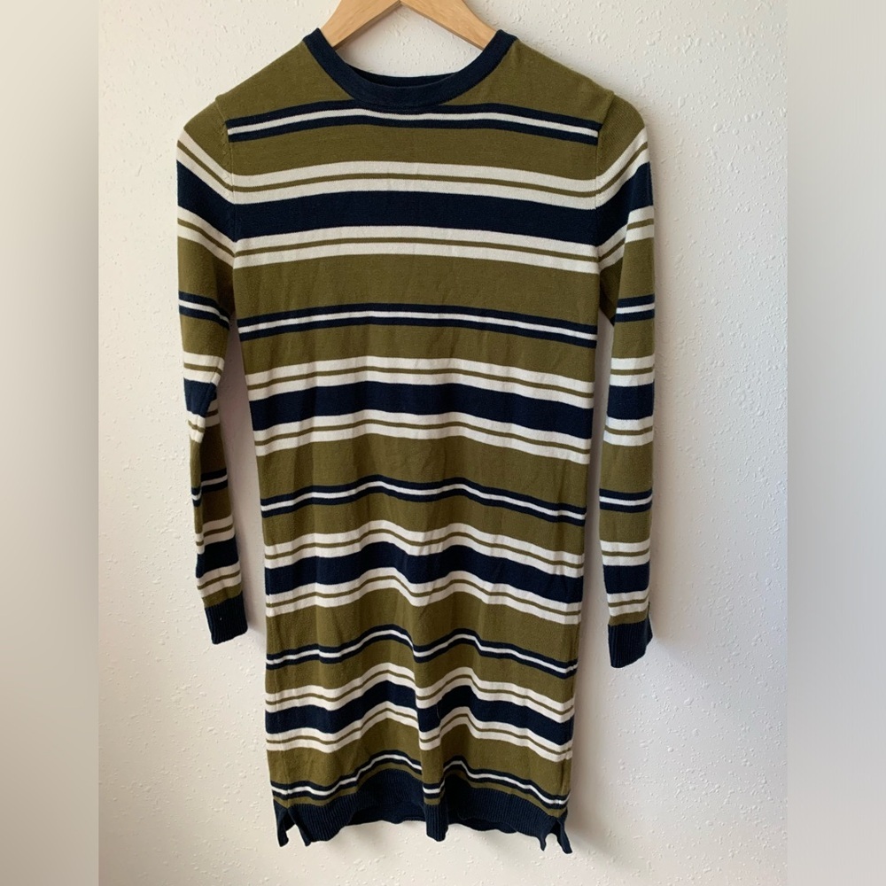 People Tree Olive and Navy Striped Long Sleeve Dress